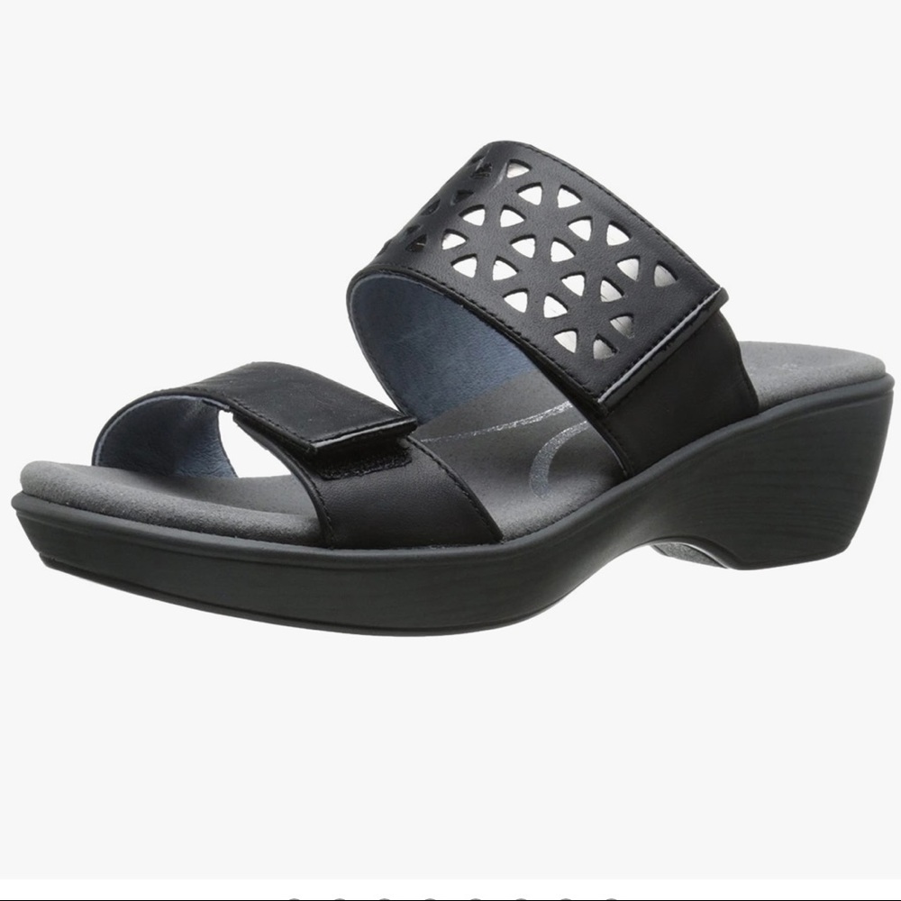 Naot Black Leather Hook Loop Strap Platform Sandals 39 L8 Pewter Cut Out Design
